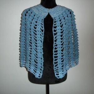 Crochet Cape Denim Blue + Variegated Collar & Trim